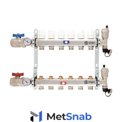 Коллекторная группа в сборе STOUT - 1" на 7 контуров 3/4" (нерж.сталь, с вентилями) SMS 0912 000007
